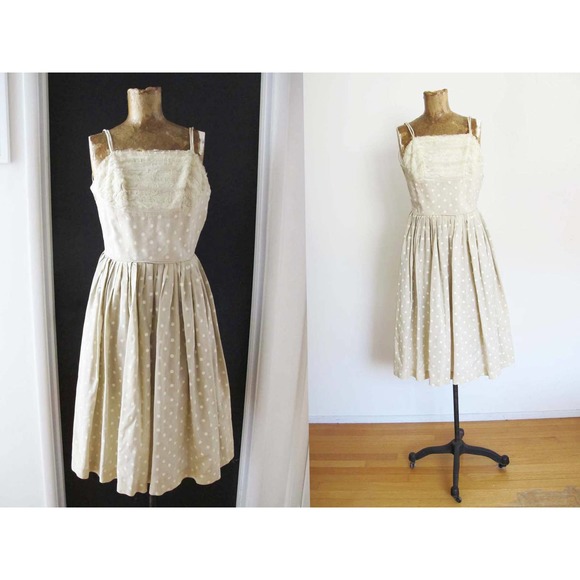Vintage 50s Lace and Polka Dot Beige White Strappy Sundress XS - Picture 1 of 5